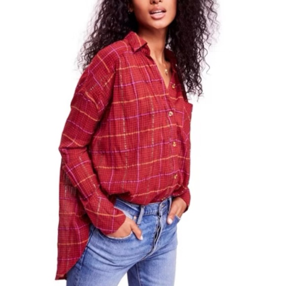 Free People Break My Stride Oversized Plaid Button Down Shirt - Picture 7 of 7